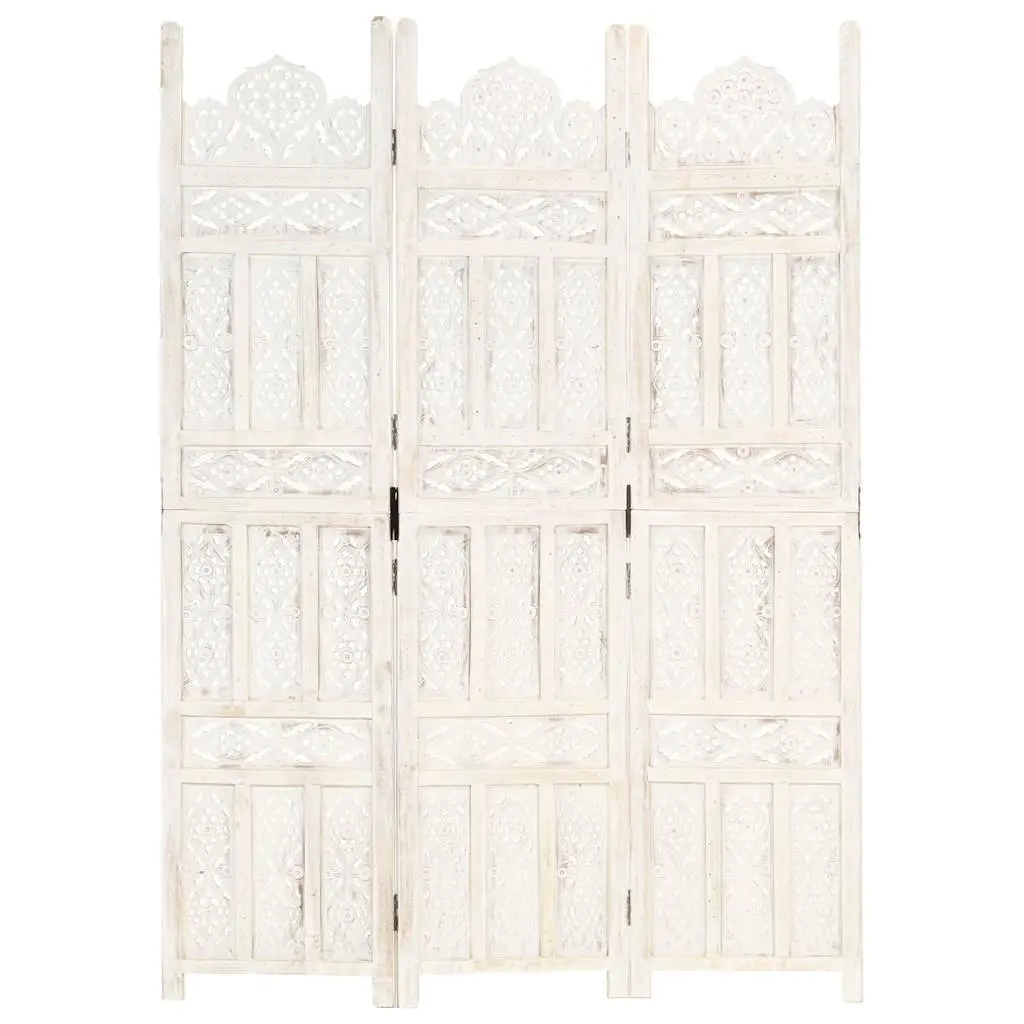 Folding Room Divider Hand Carved Solid Mango Wood 120x165 cm White 3 Panel