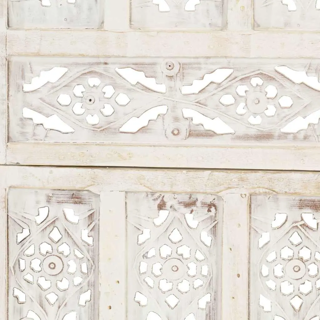 Folding Room Divider Hand Carved Solid Mango Wood 120x165 cm White 3 Panel