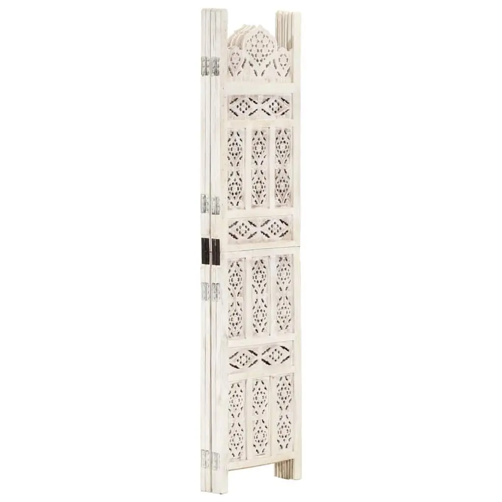 4-Panel Room Divider Hand Carved Solid Mango Wood Folding Privacy Screen White 160 x 165 cm