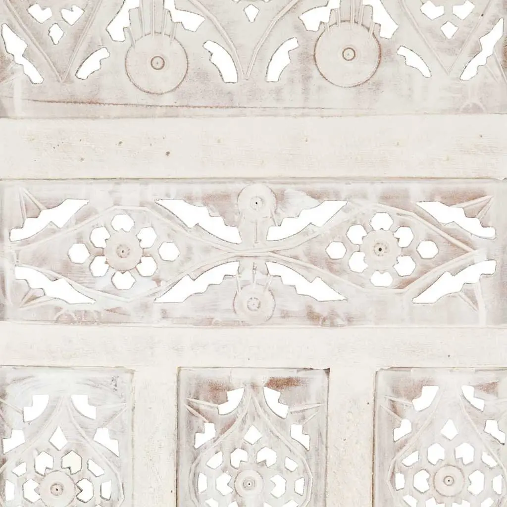 4-Panel Room Divider Hand Carved Solid Mango Wood Folding Privacy Screen White 160 x 165 cm