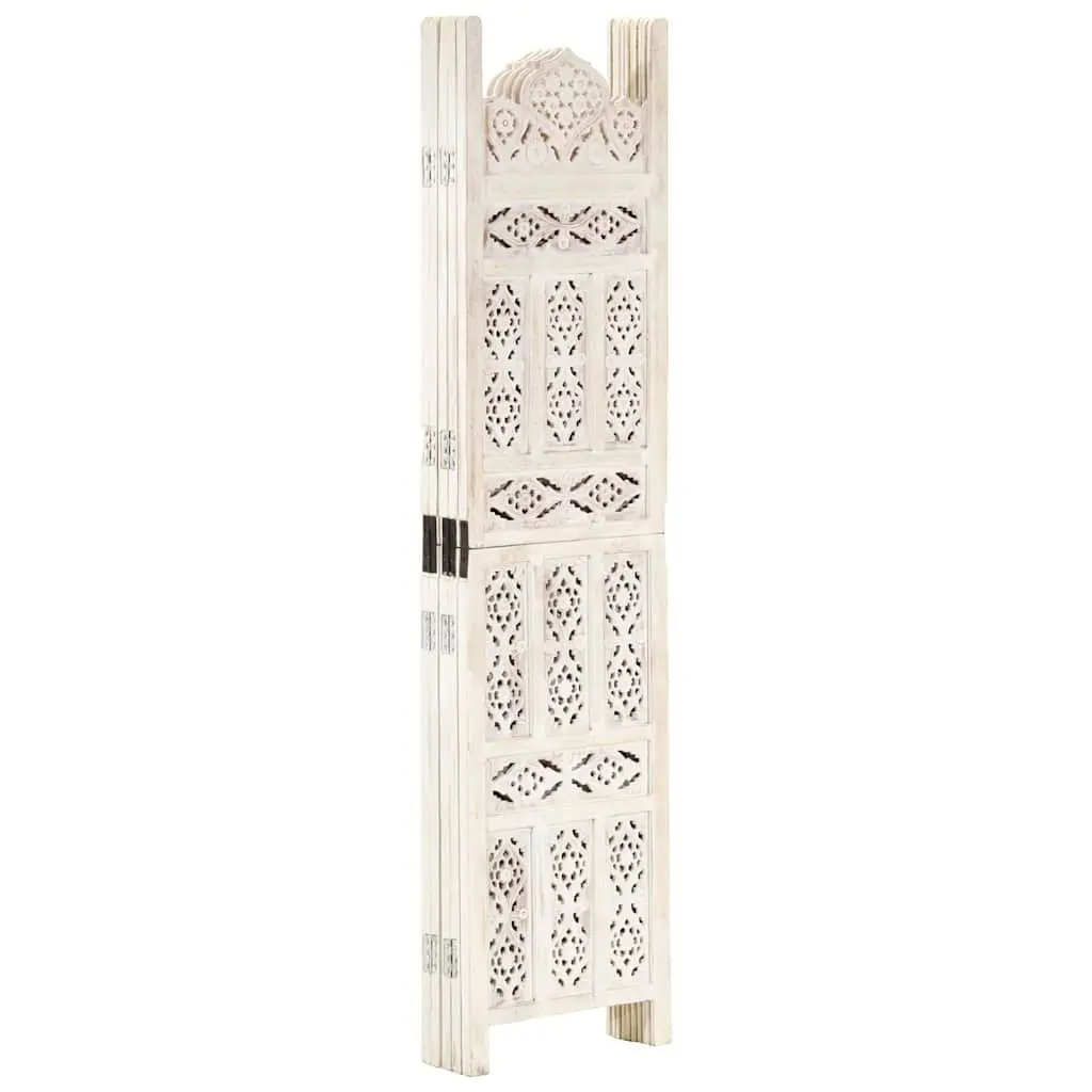 5-Panel Hand Carved Solid Mango Wood Room Divider Screen White Folding Privacy Partition