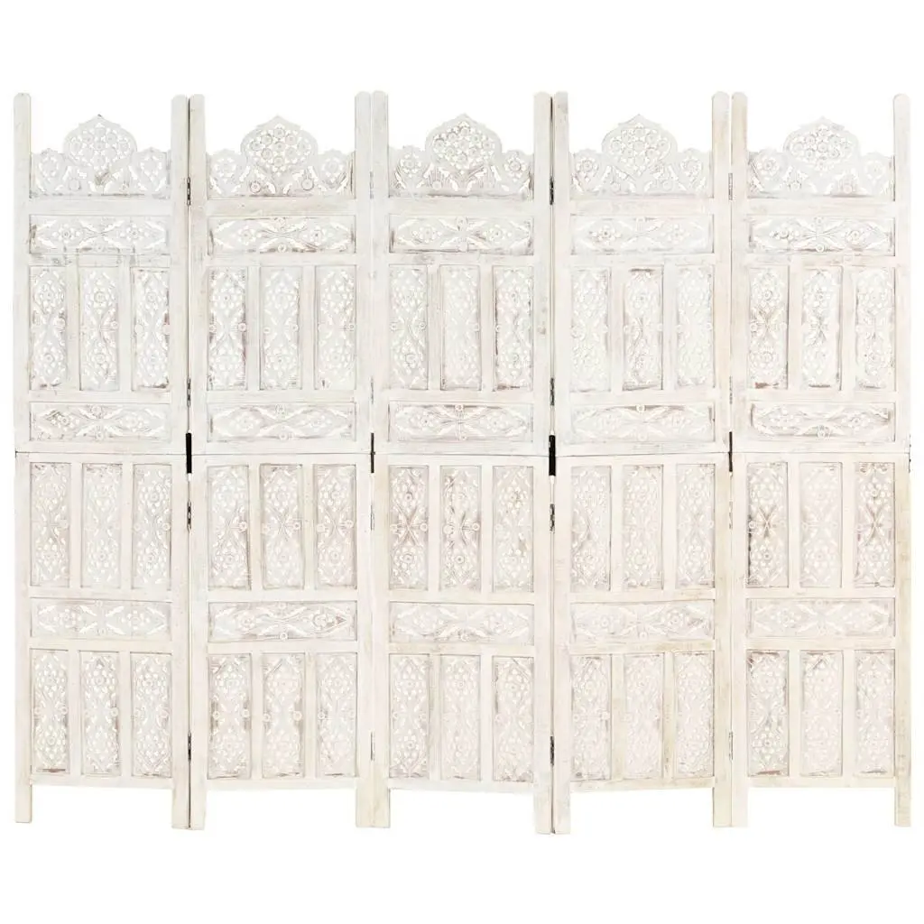 5-Panel Hand Carved Solid Mango Wood Room Divider Screen White Folding Privacy Partition