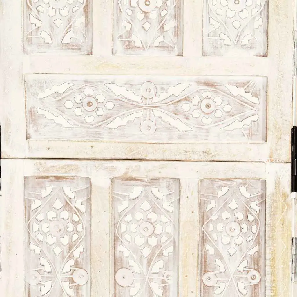 5-Panel Hand Carved Solid Mango Wood Room Divider Screen White Folding Privacy Partition