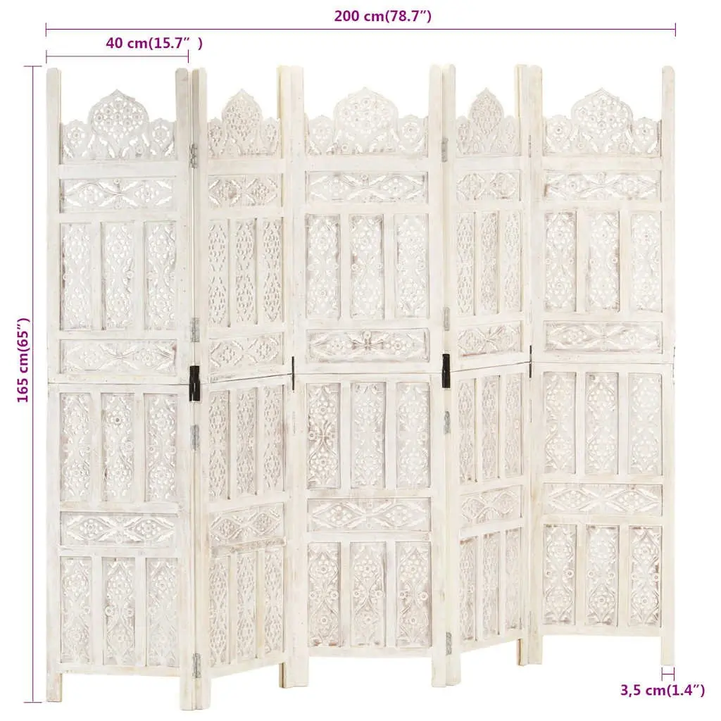 5-Panel Hand Carved Solid Mango Wood Room Divider Screen White Folding Privacy Partition