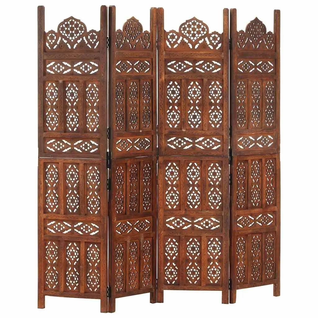 Hand Carved 4-Panel Room Divider Screen Folding Privacy Partition Brown