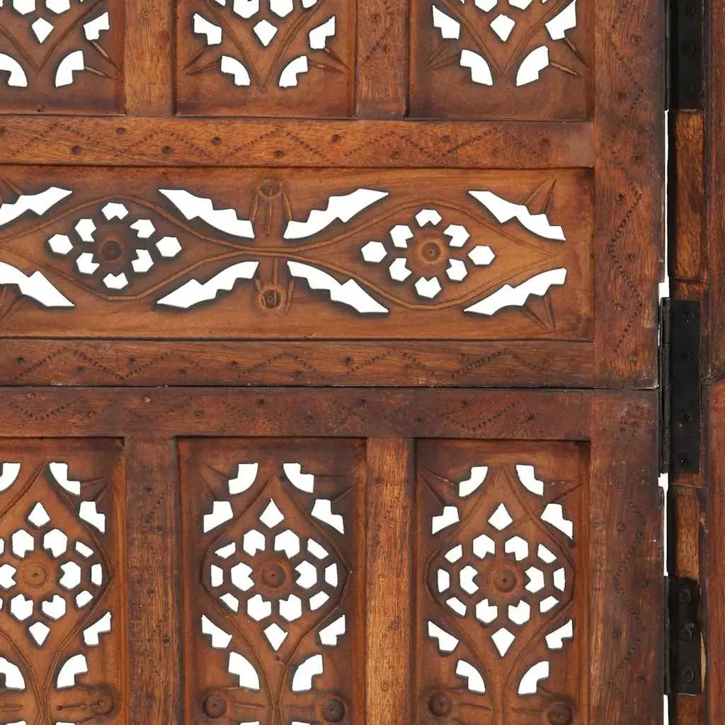 Room Divider Hand Carved 5-Panel Brown Wooden Privacy Screen Folding Space