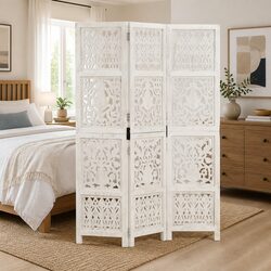 3-Panel Room Divider Hand Carved White Folding Privacy Screen Wooden Partition