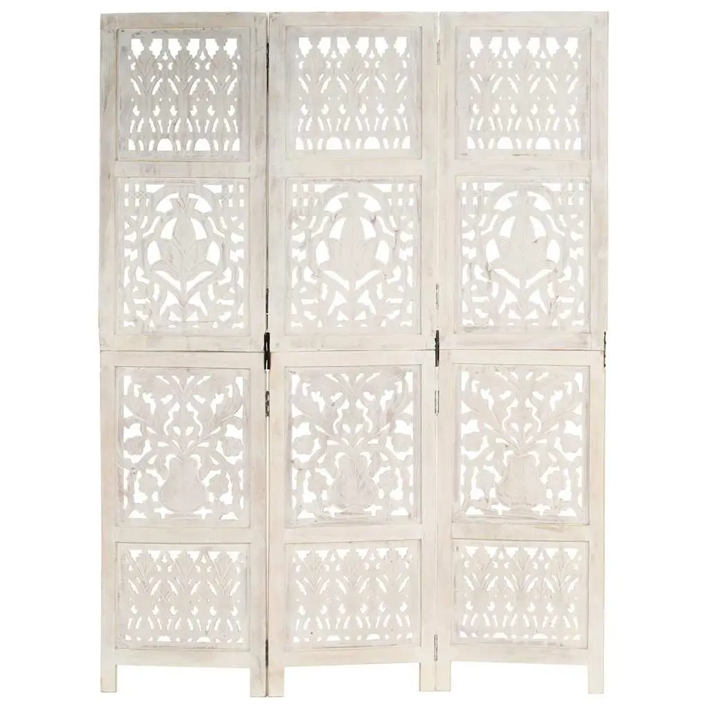 3-Panel Folding Room Divider Hand Carved Solid Mango Wood 120 x 165 cm White