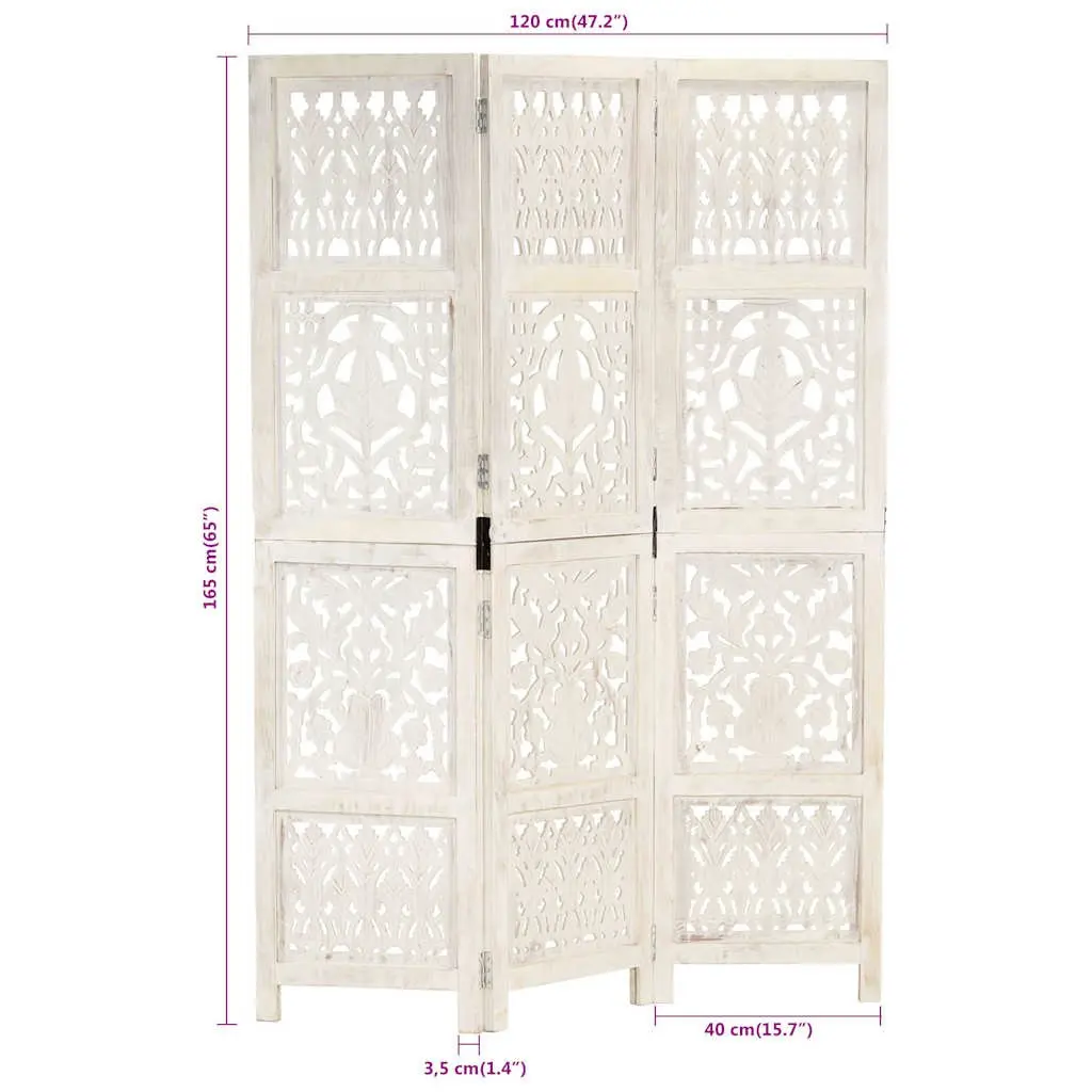 3-Panel Folding Room Divider Hand Carved Solid Mango Wood 120 x 165 cm White