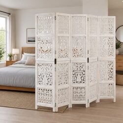 Hand Carved 5-Panel Room Divider White 200x165 cm Folding Privacy Screen