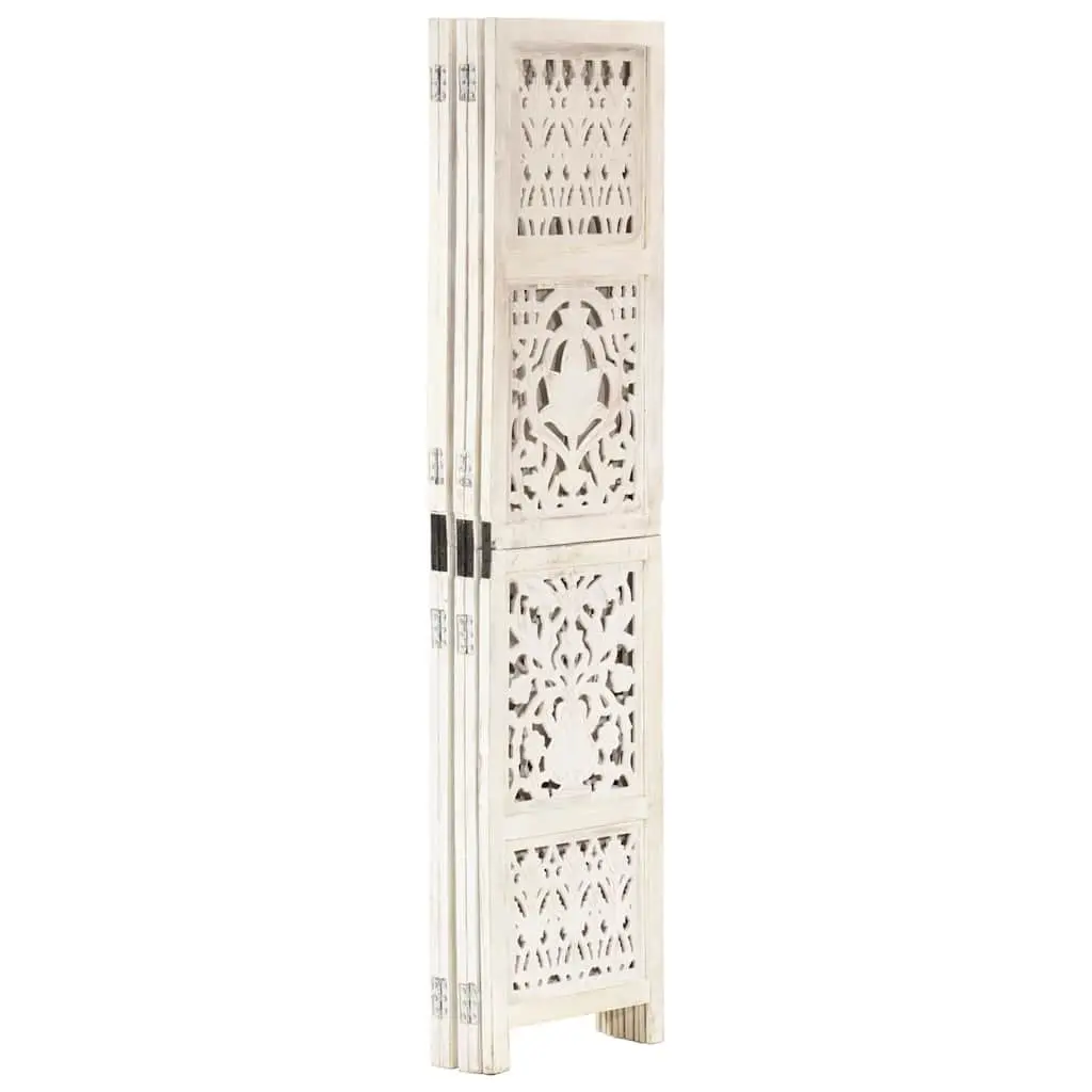 5-Panel Room Divider Hand Carved Wooden Folding Privacy Screen White 200x165 cm