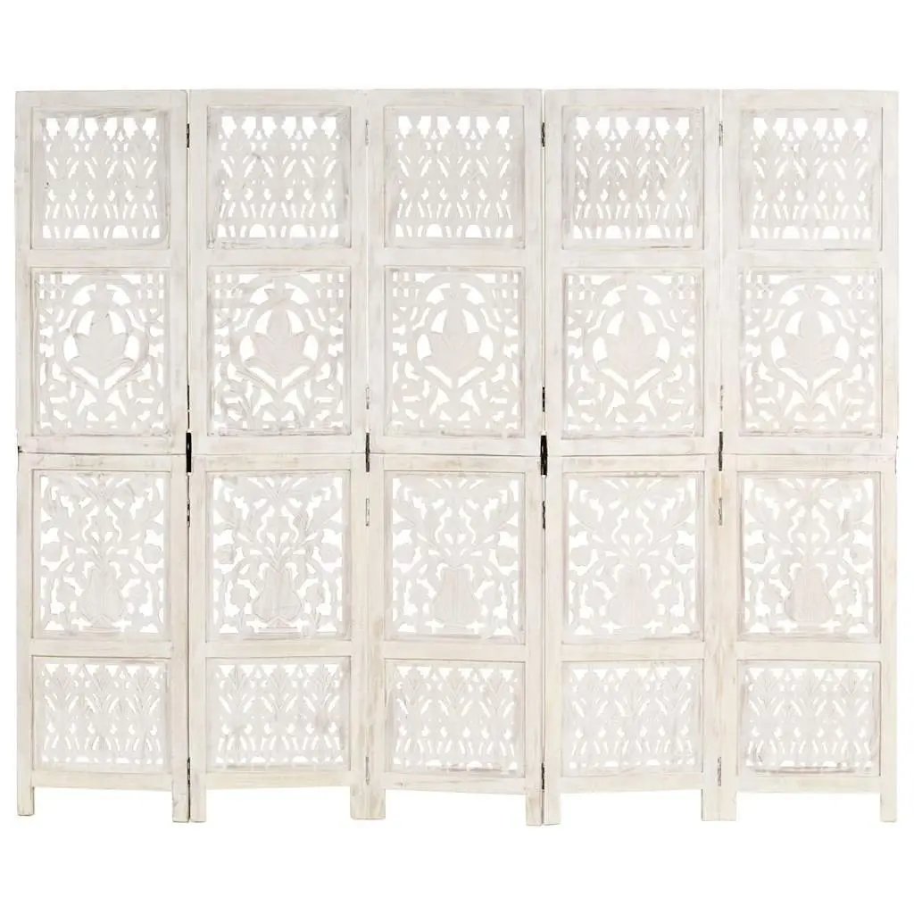 5-Panel Room Divider Hand Carved Wooden Folding Privacy Screen White 200x165 cm