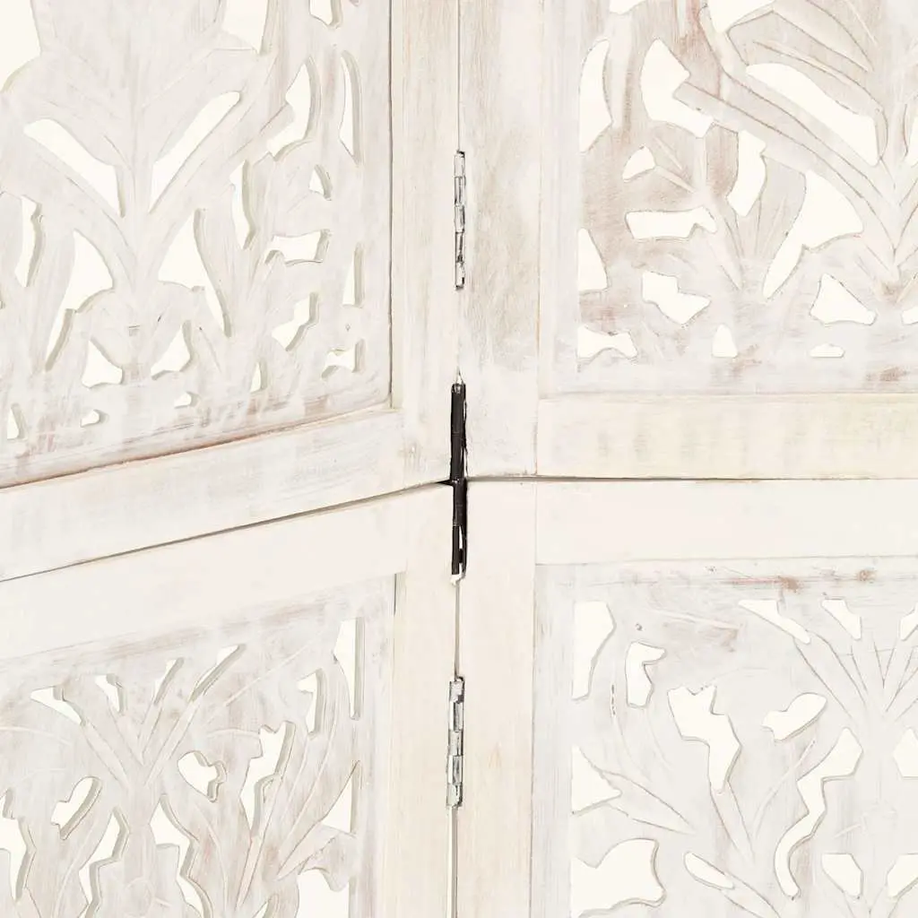 5-Panel Room Divider Hand Carved Wooden Folding Privacy Screen White 200x165 cm