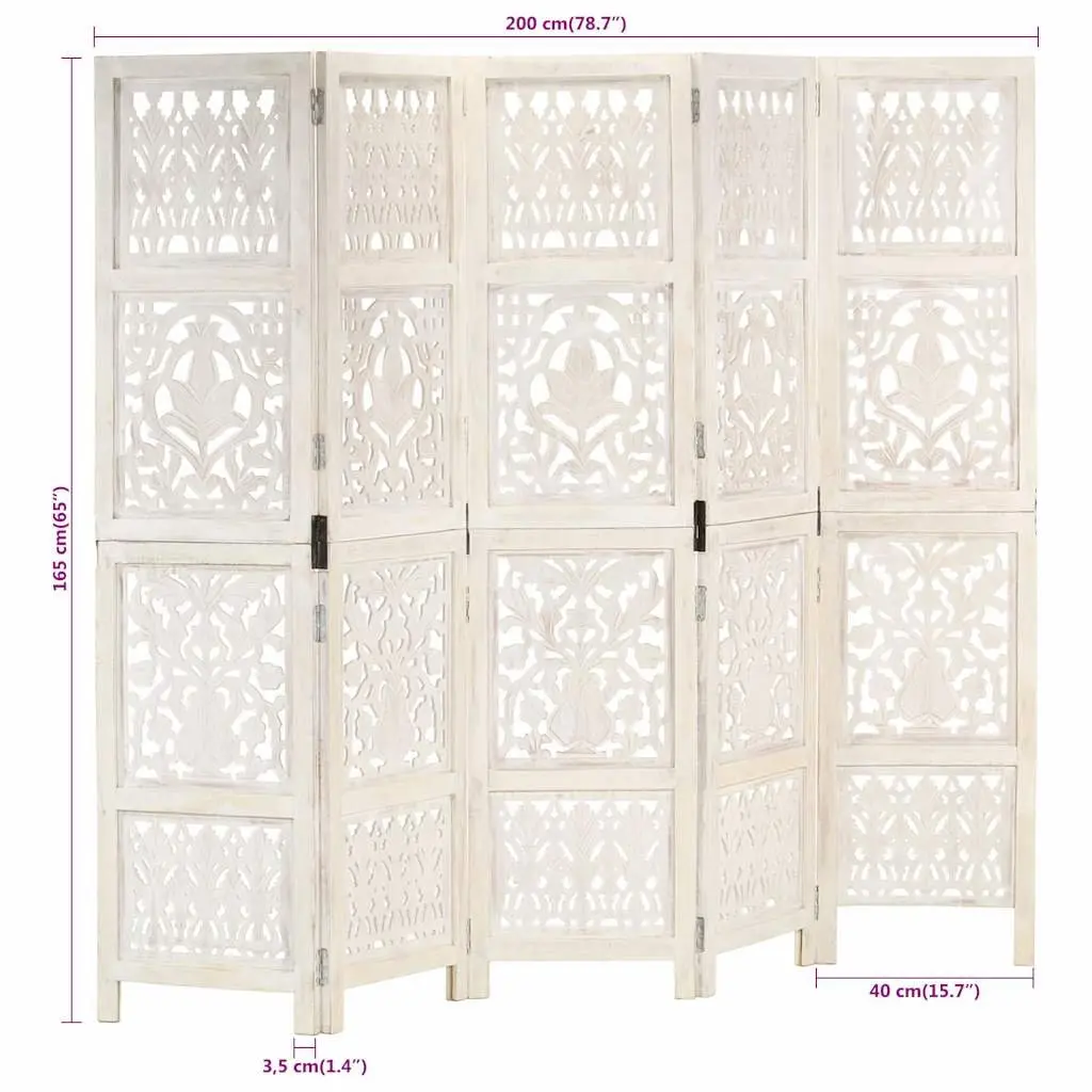 5-Panel Room Divider Hand Carved Wooden Folding Privacy Screen White 200x165 cm