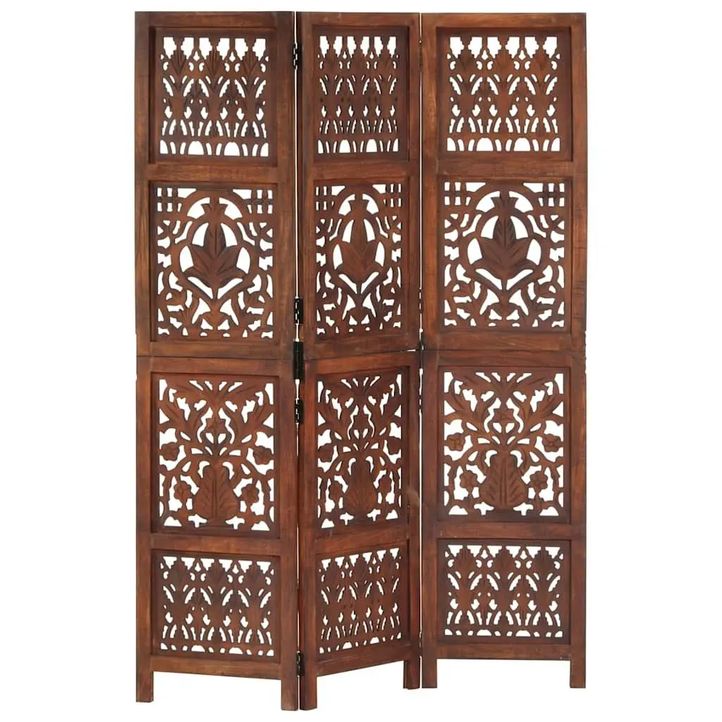 Hand Carved 3-Panel Room Divider Brown 120x165 cm Solid Wood Folding Screen
