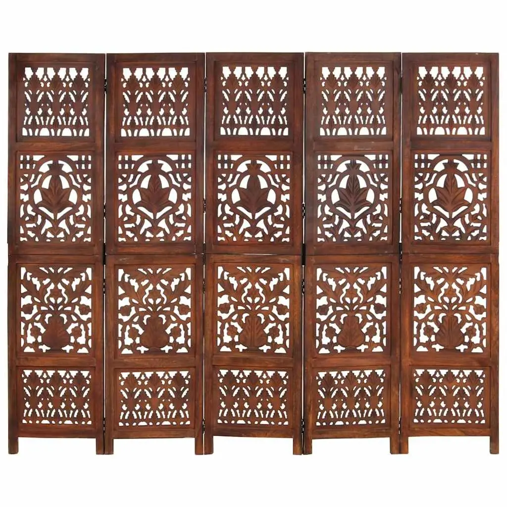 Hand Carved 5-Panel Room Divider Folding Privacy Screen Wooden Partition