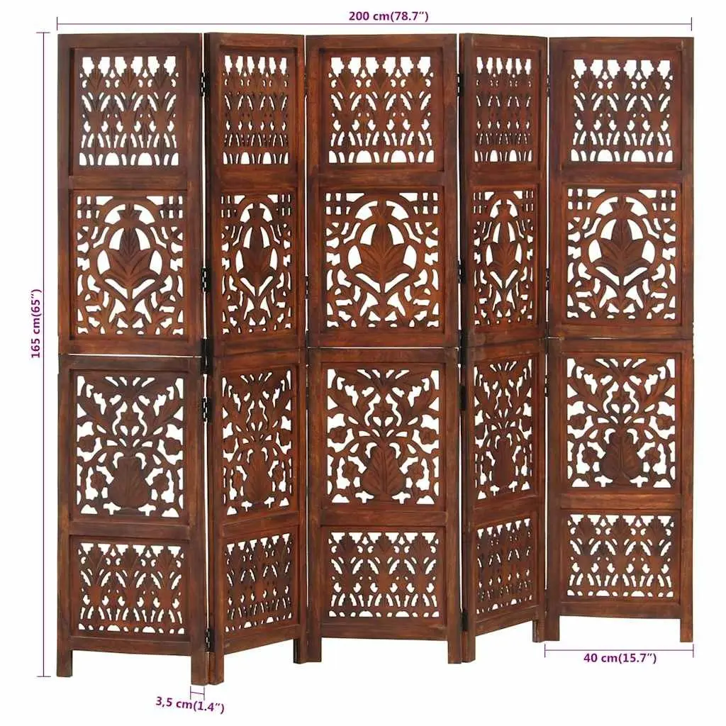 Hand Carved 5-Panel Room Divider Folding Privacy Screen Wooden Partition
