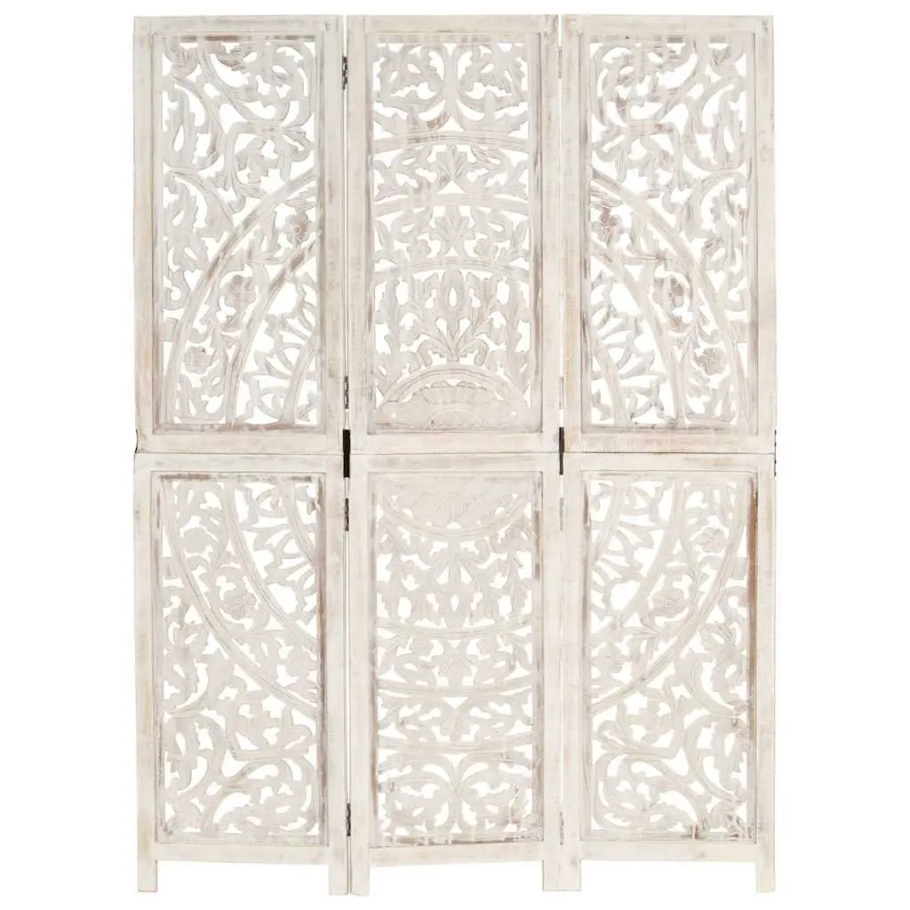 3-Panel Hand Carved Wooden Room Divider Folding Privacy Screen 120x165cm White