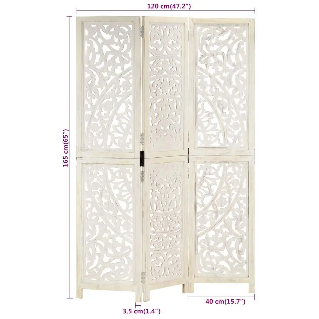 3-Panel Hand Carved Wooden Room Divider Folding Privacy Screen 120x165cm White