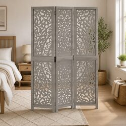 Hand Carved 3-Panel Room Divider Grey Folding Privacy Screen Space Saving Home