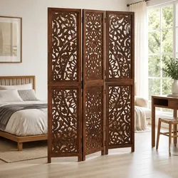 3-Panel Room Divider Hand Carved Folding Privacy Screen Brown Wooden Partition