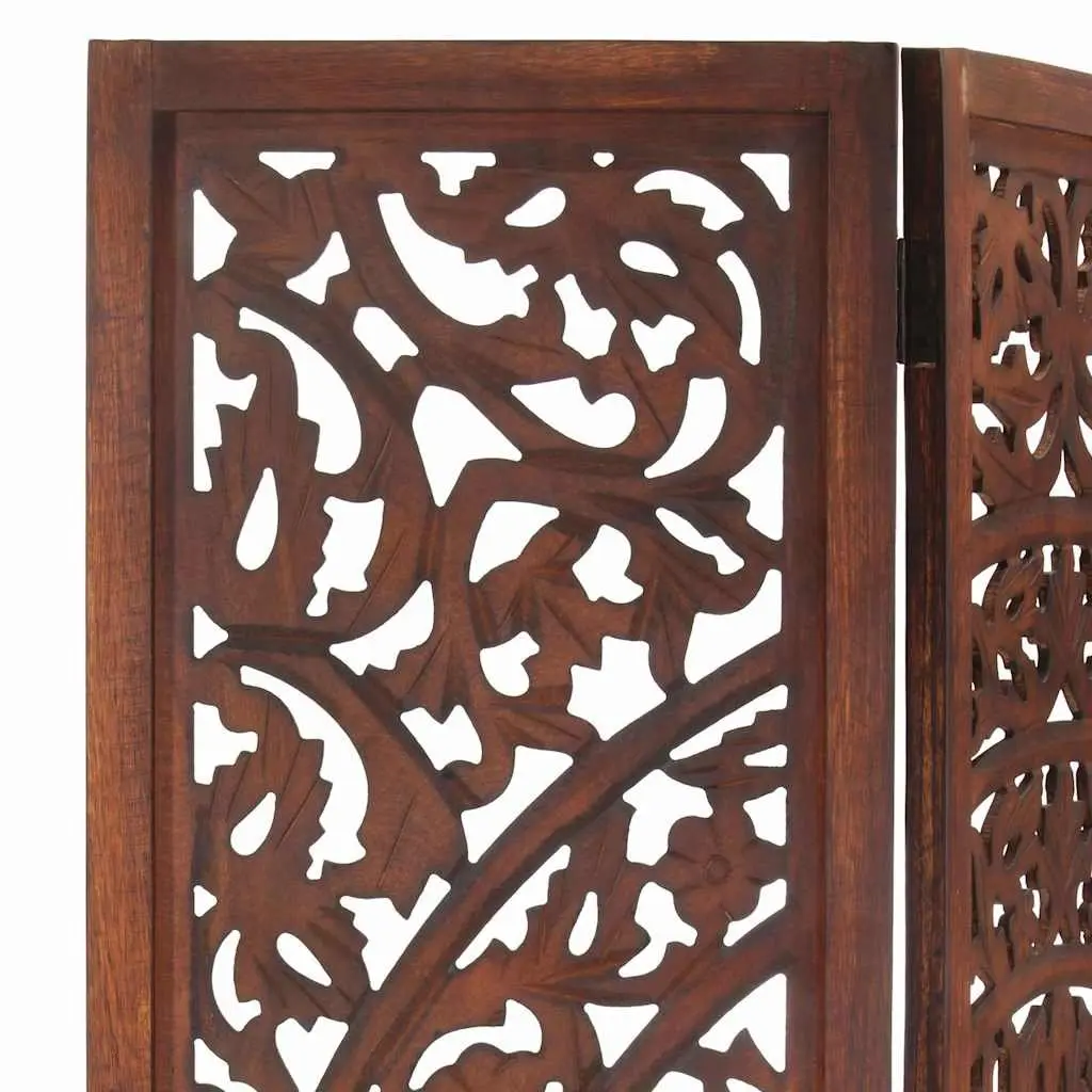 3 Panel Room Divider Hand Carved Solid Mango Wood Folding Privacy Screen Brown