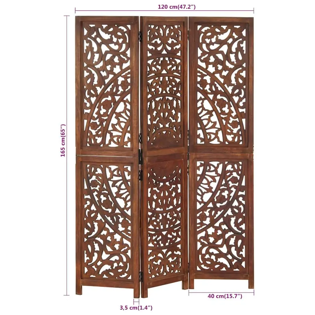 3 Panel Room Divider Hand Carved Solid Mango Wood Folding Privacy Screen Brown