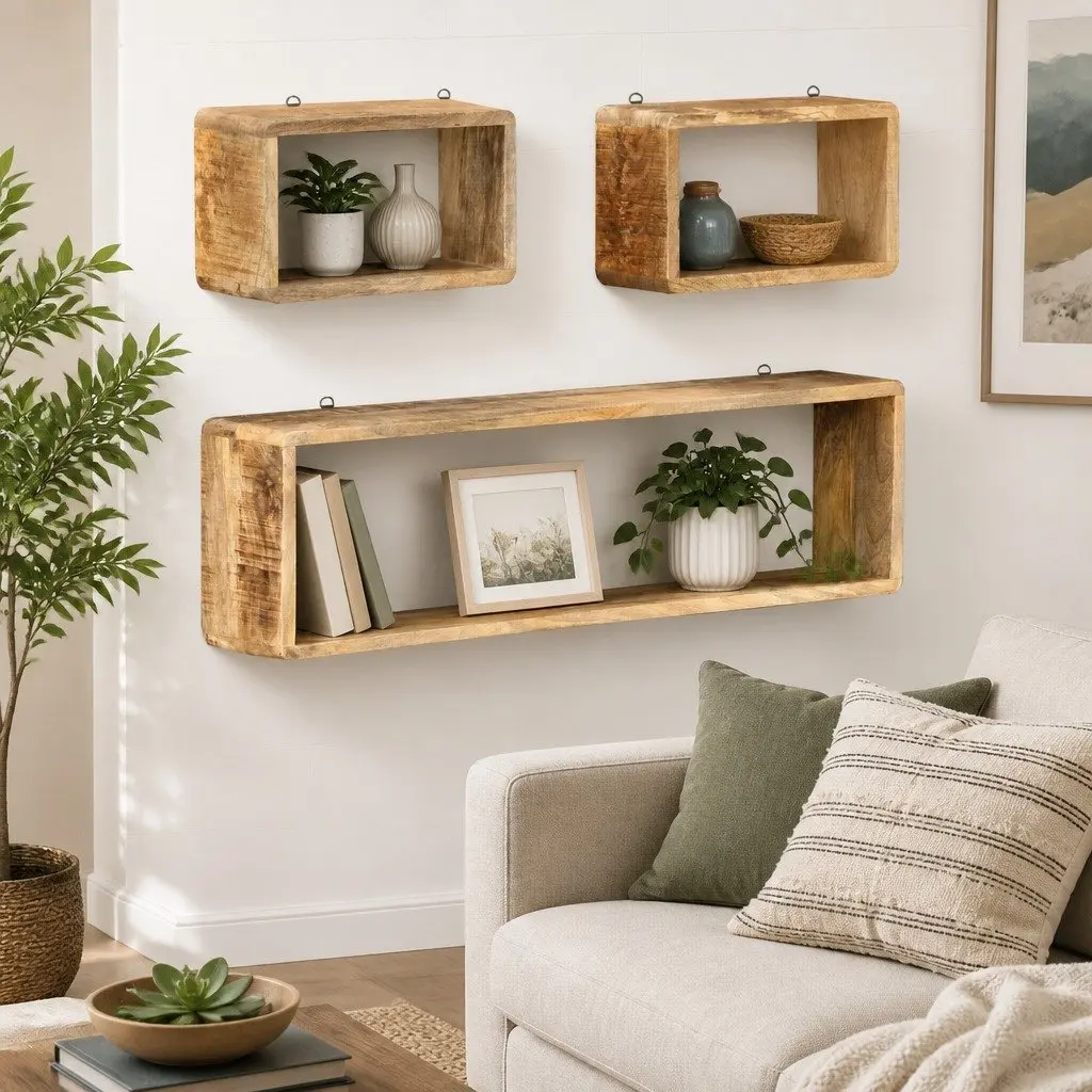 Wall Cube Shelf Set Solid Mango Wood 3 Piece Brown