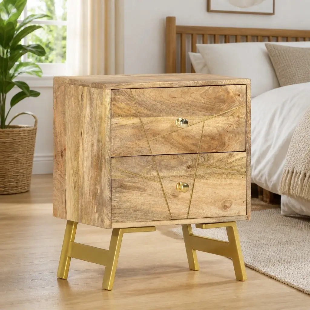 Mango Wood Nightstand 40x30x50cm Rustic Bedside Cabinet with 2 Drawers Storage Brown
