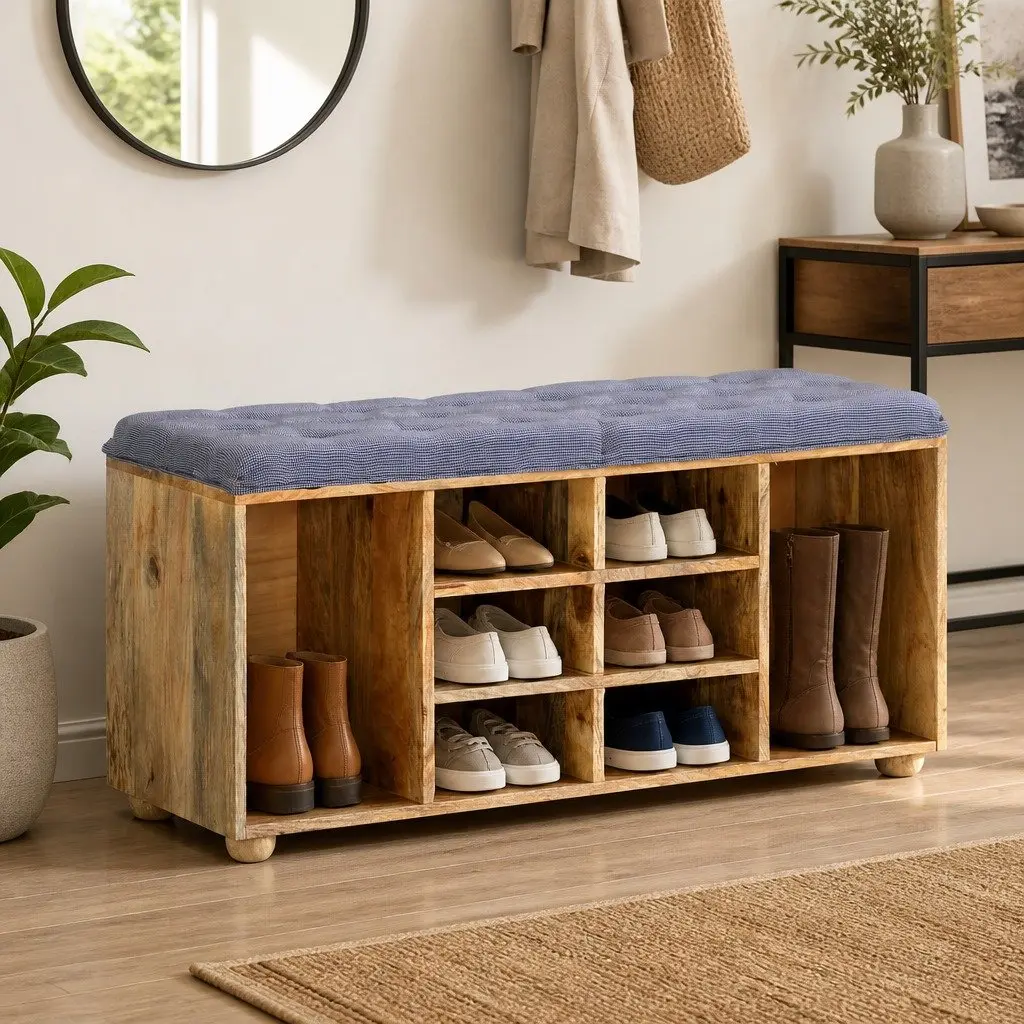 Storage Bench Hall Entryway Solid Wood Padded Seat Compartments Furniture