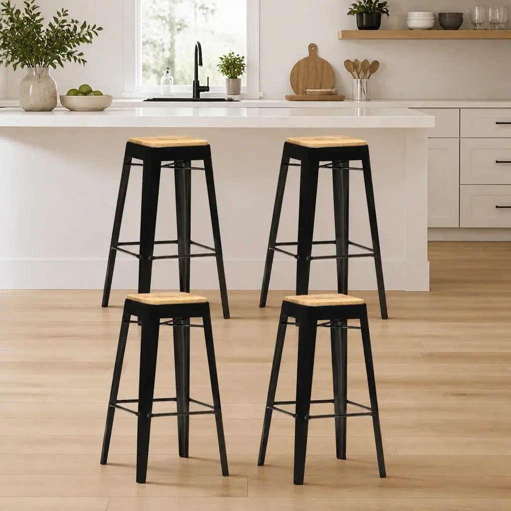Bar Stools Solid Mango Wood Black 4 Piece Kitchen Dining Chair with Steel Legs