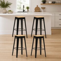 Bar Stools Set 4 Pieces Black Solid Mango Wood Kitchen Dining Chair with Steel