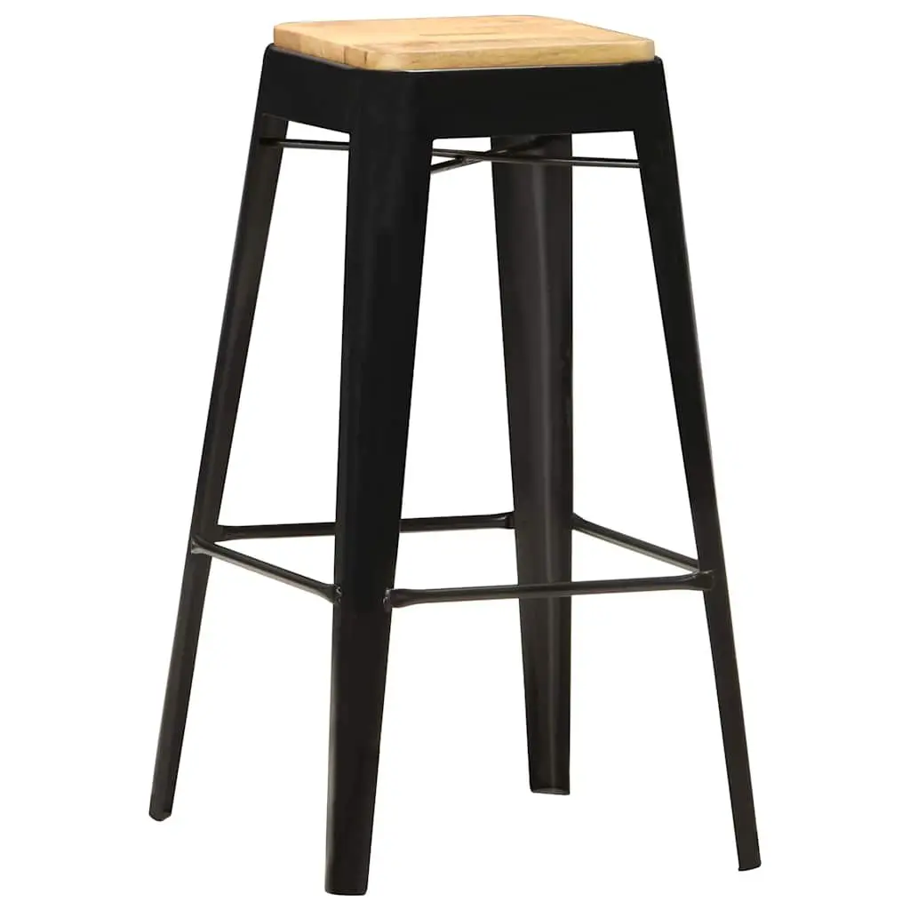 Bar Stools Solid Mango Wood Black 4 Piece Kitchen Dining Chair with Steel Legs