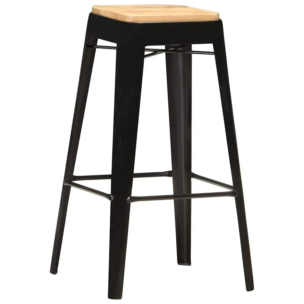 Bar Stools Solid Mango Wood Black 4 Piece Kitchen Dining Chair with Steel Legs