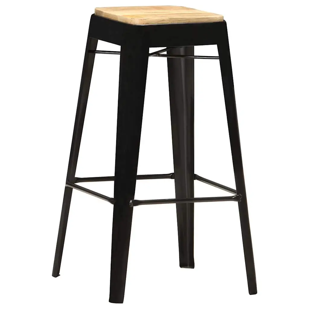 Bar Stools Solid Mango Wood Black 4 Piece Kitchen Dining Chair with Steel Legs