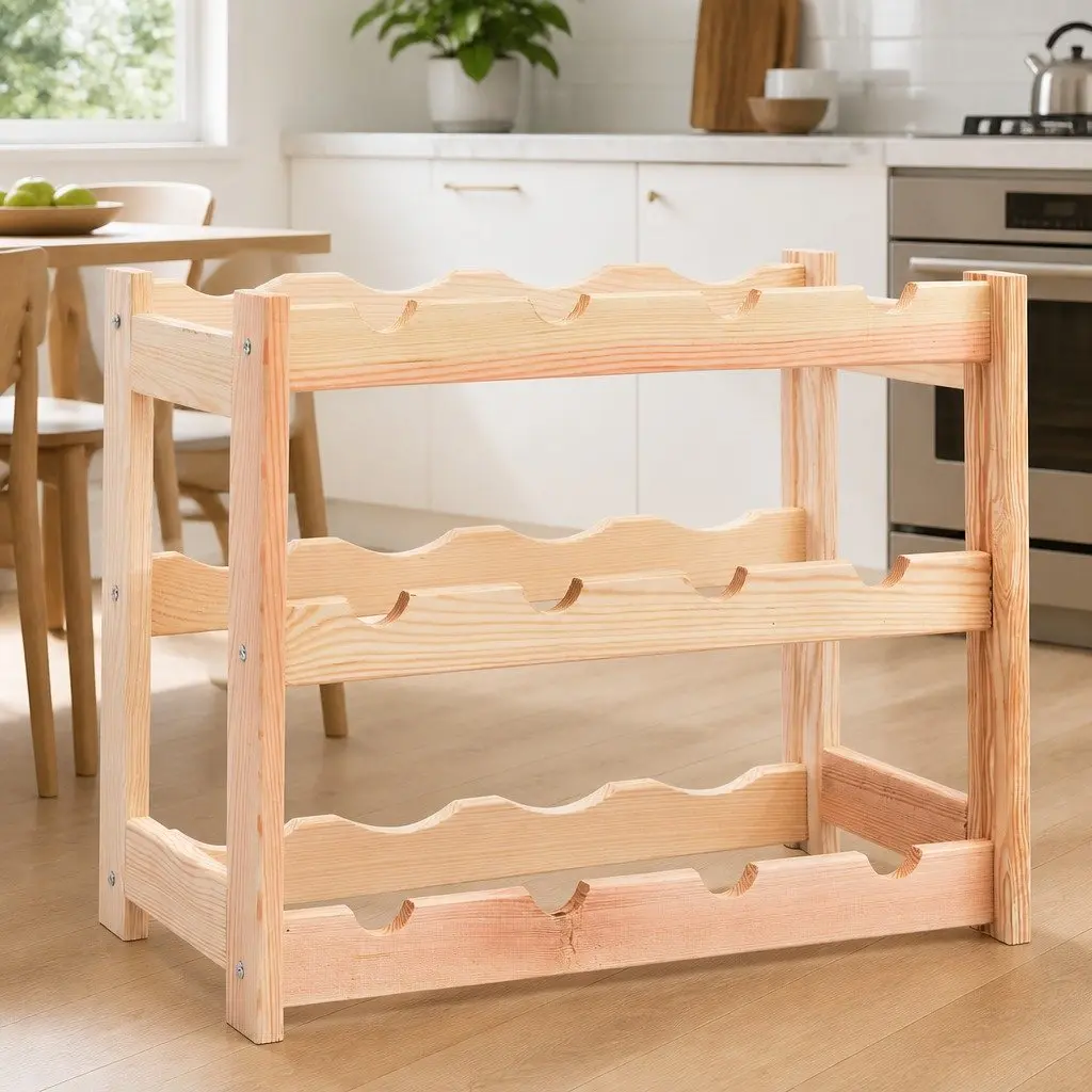 Wine Rack Solid Wood Pine 12 Bottles Storage Display Shelf Holder Beige