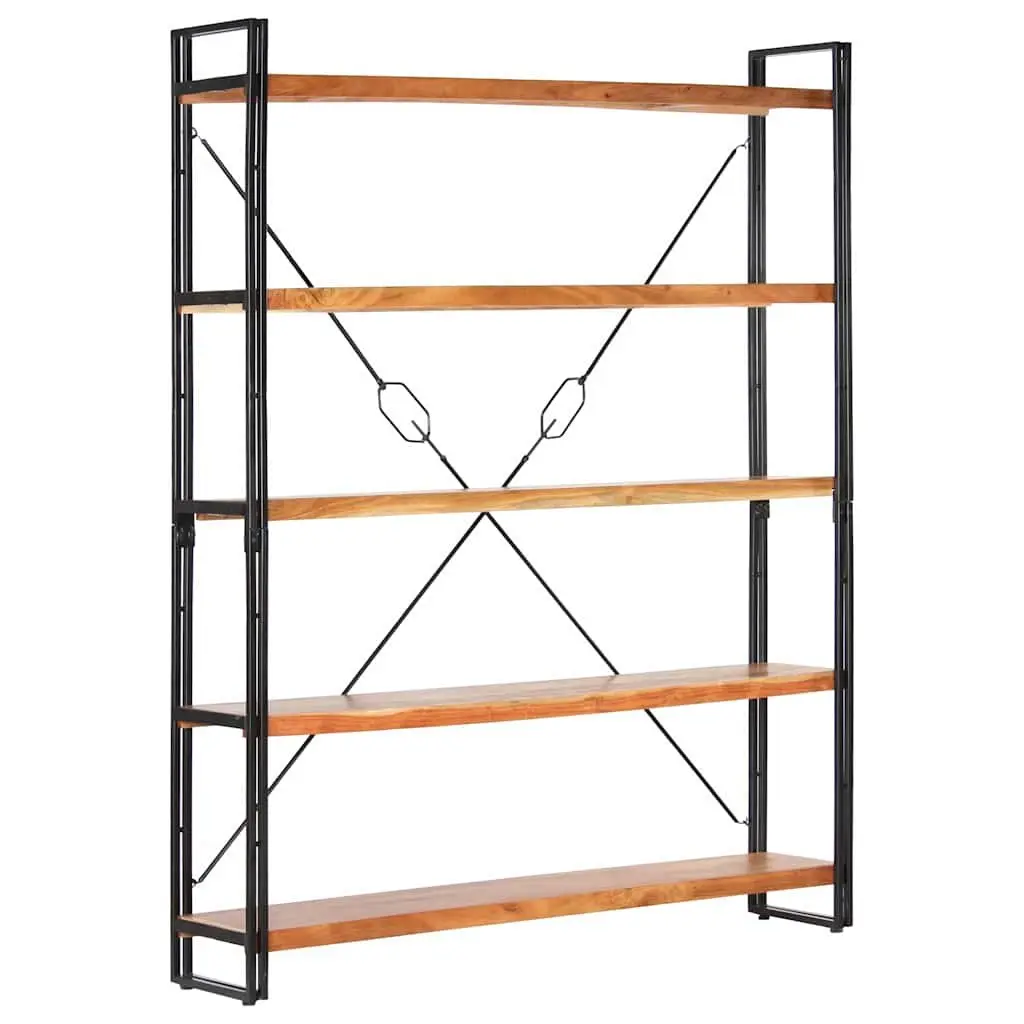 5 Tier Bookcase Industrial Steel Frame Solid Acacia Wood 140x30x180cm Brown Storage and Display Shelf