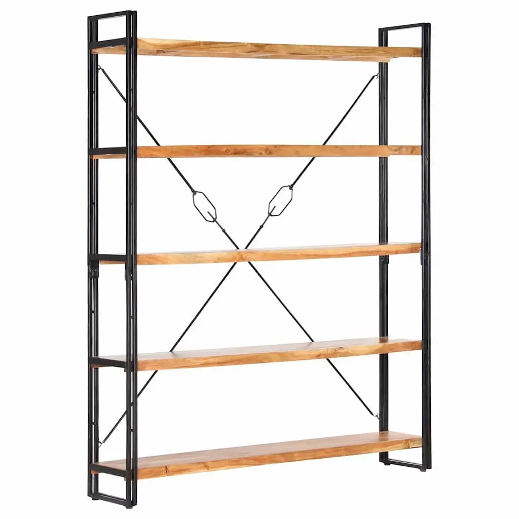 5 Tier Bookcase Industrial Steel Frame Solid Acacia Wood 140x30x180cm Brown Storage and Display Shelf