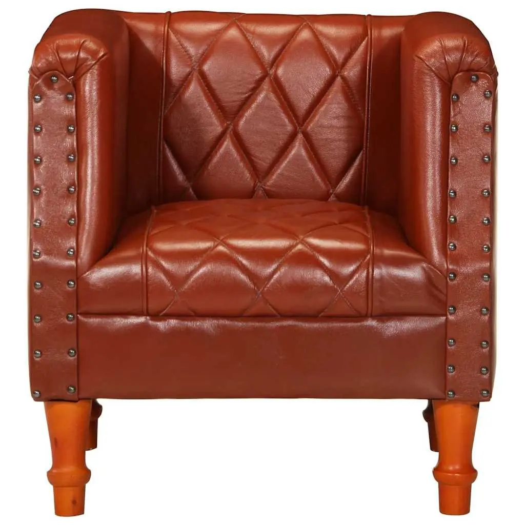 Tub Chair Goat Leather Brown Padded Comfort Solid Mango Wood Legs