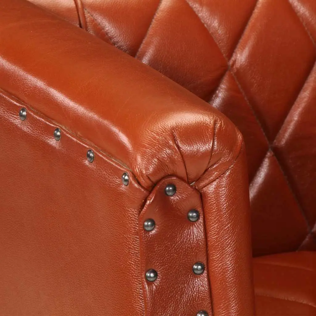 Tub Chair Goat Leather Brown Padded Comfort Solid Mango Wood Legs