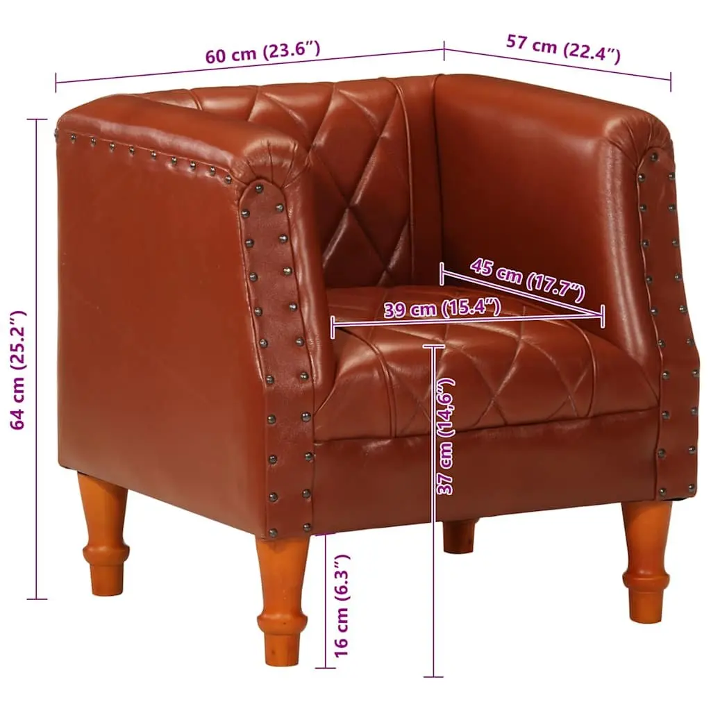 Tub Chair Goat Leather Brown Padded Comfort Solid Mango Wood Legs