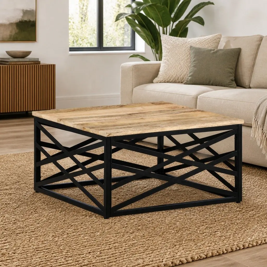 Mango Wood Coffee Table 68x68x35 cm Brown with Sturdy Cast Steel Legs for Living Room