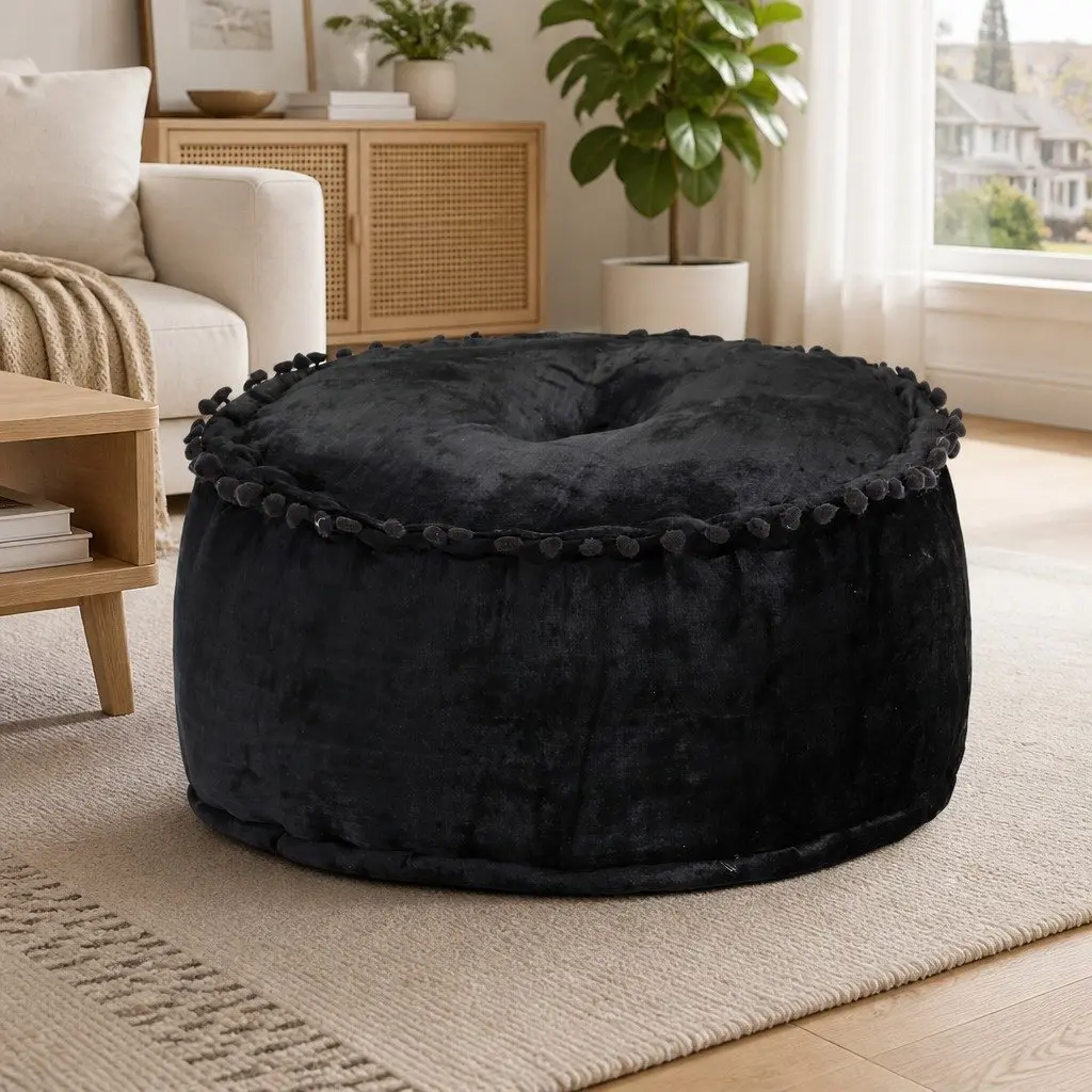 Round Pouffe Ottoman Velvet Anthracite 40x20cm Footrest Seat Stool