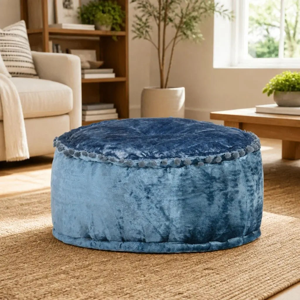 Round Velvet Pouffe Footrest Ottoman 40x20cm Blue