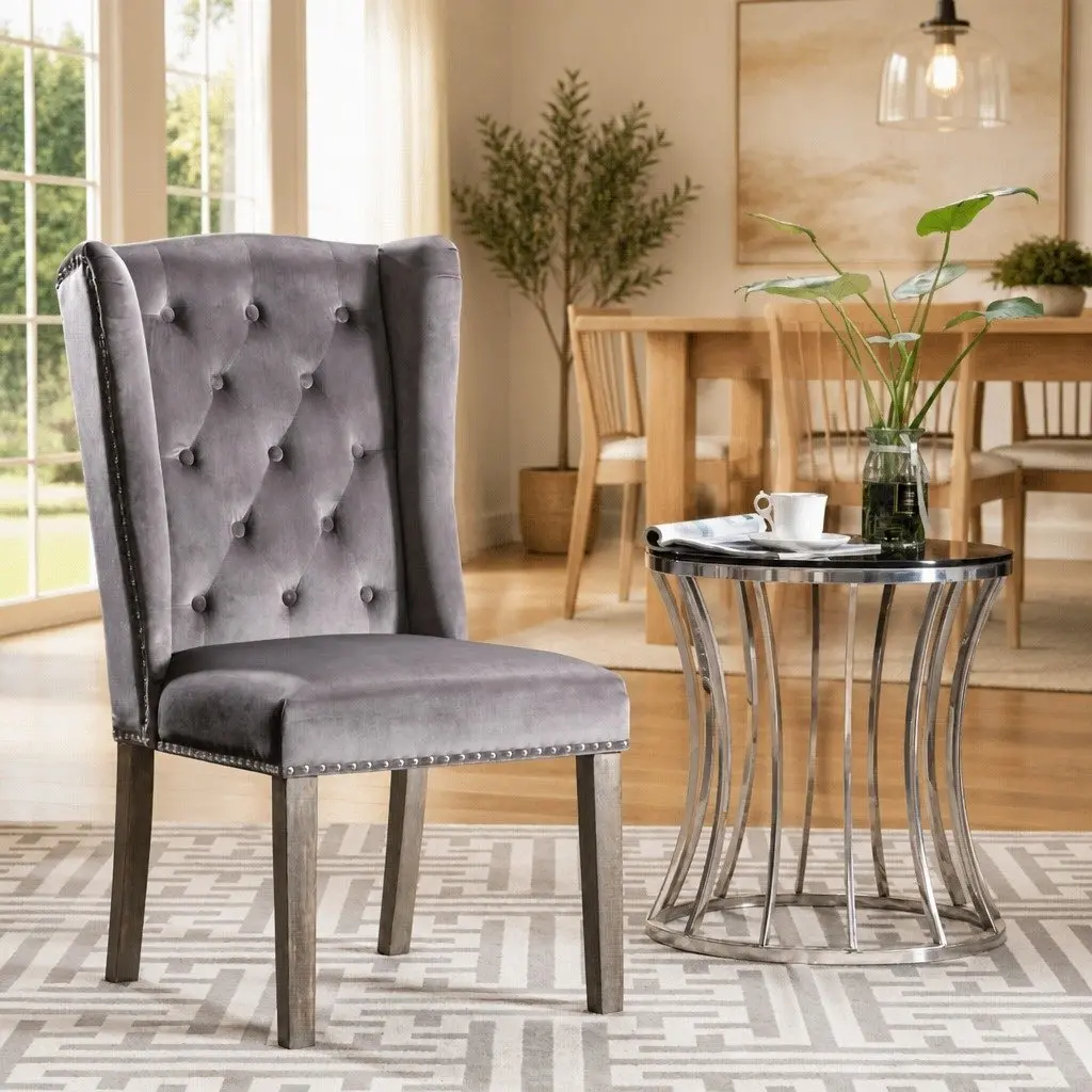 Dining Chair Velvet Upholstered Grey with Button Backrest and Metal Rivets Rubberwood Legs