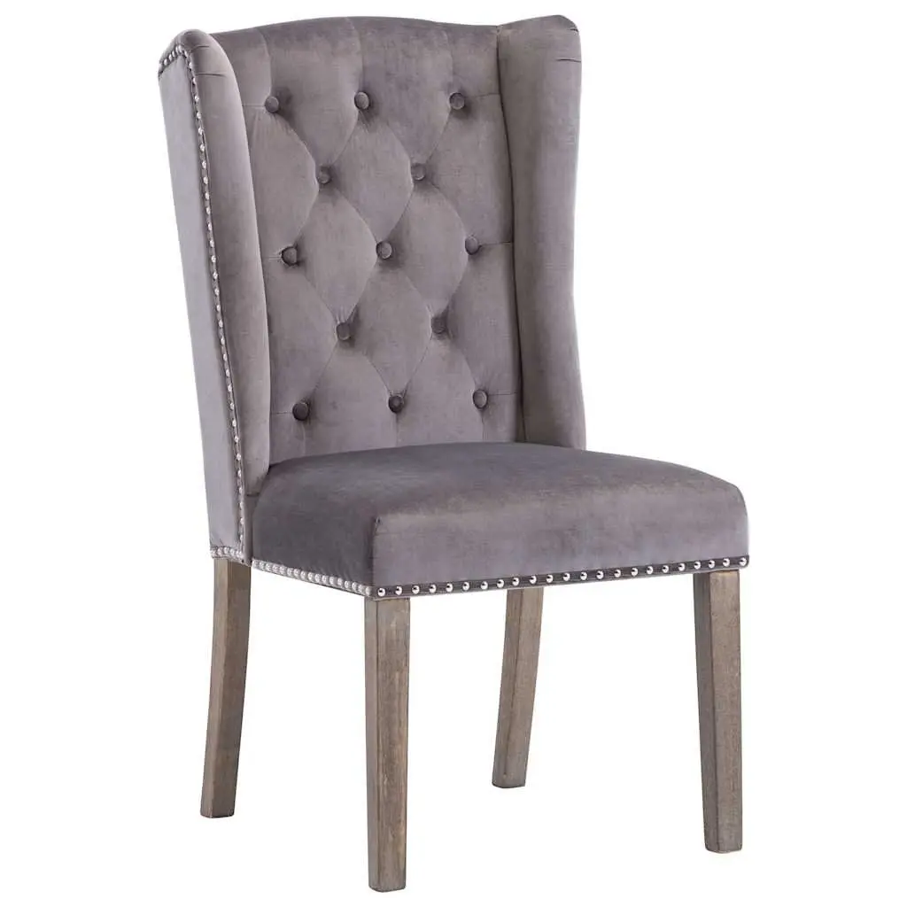 Dining Chair Velvet Upholstered Grey with Button Backrest and Metal Rivets Rubberwood Legs