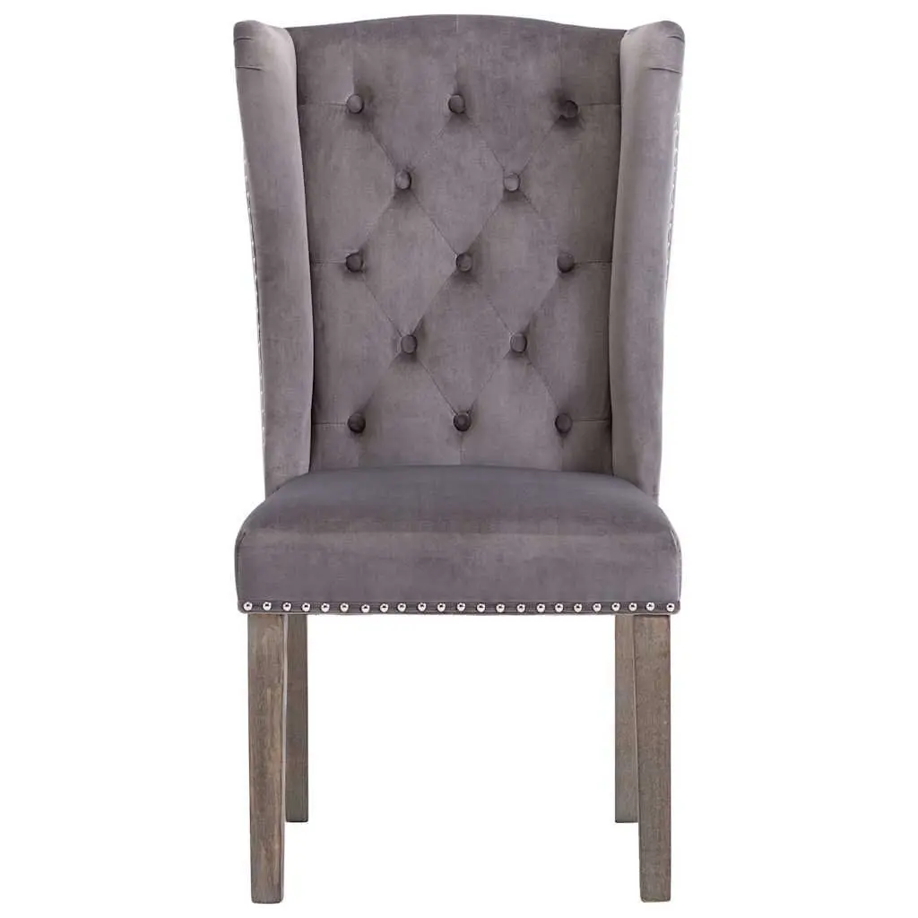 Dining Chair Velvet Upholstered Grey with Button Backrest and Metal Rivets Rubberwood Legs