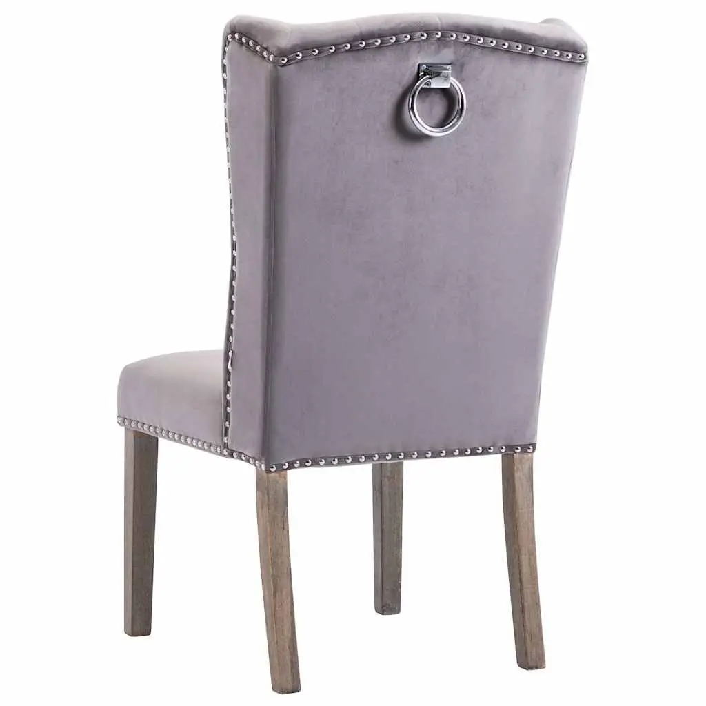 Dining Chair Velvet Upholstered Grey with Button Backrest and Metal Rivets Rubberwood Legs