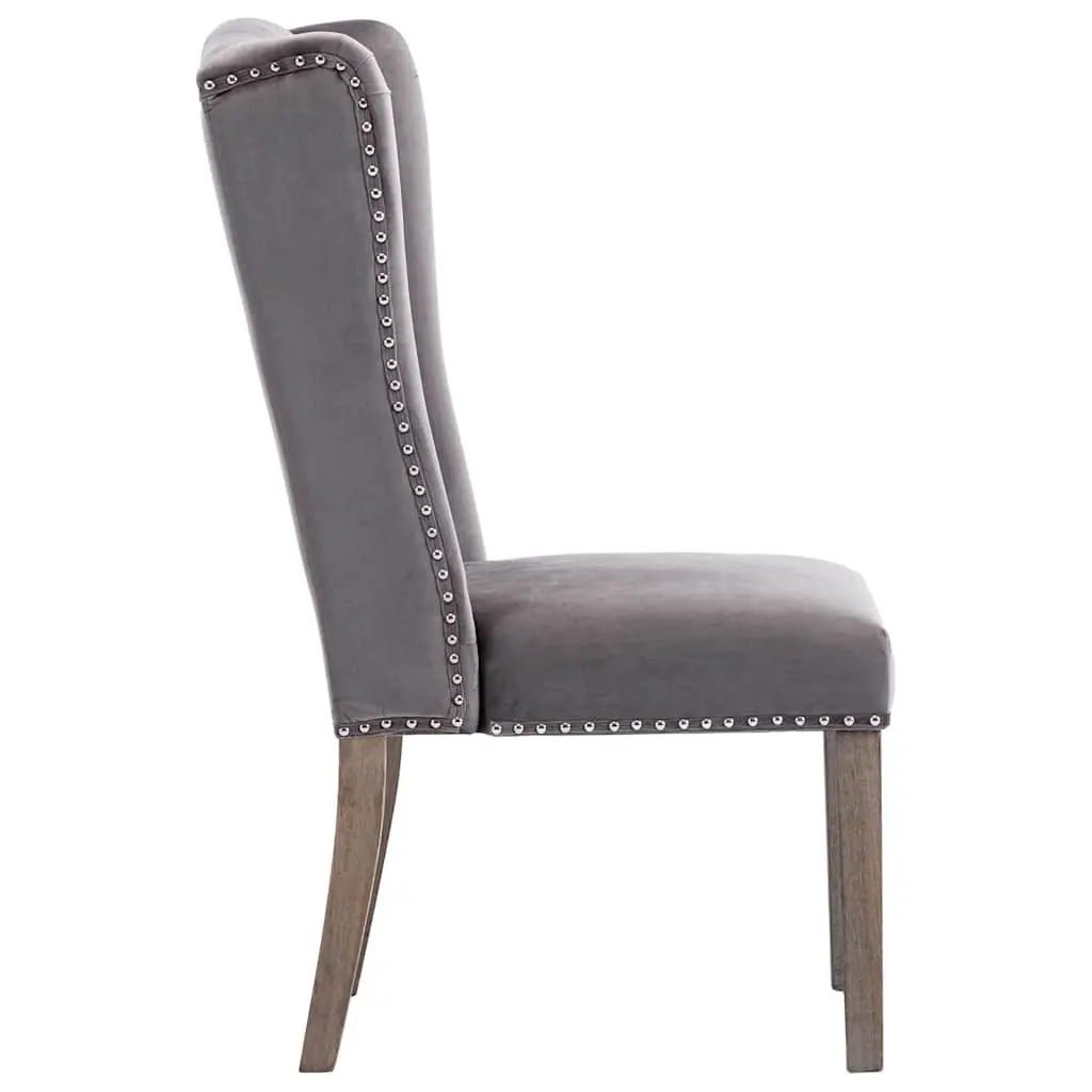 Dining Chair Velvet Upholstered Grey with Button Backrest and Metal Rivets Rubberwood Legs