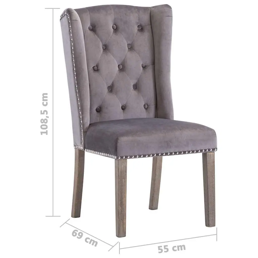 Dining Chair Velvet Upholstered Grey with Button Backrest and Metal Rivets Rubberwood Legs
